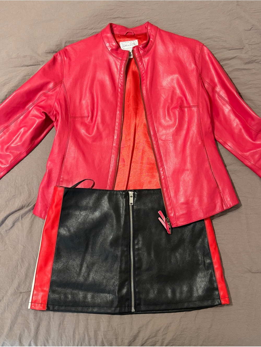 Live a Little Bright Red Leather Jacket with Black-Trim Skirt